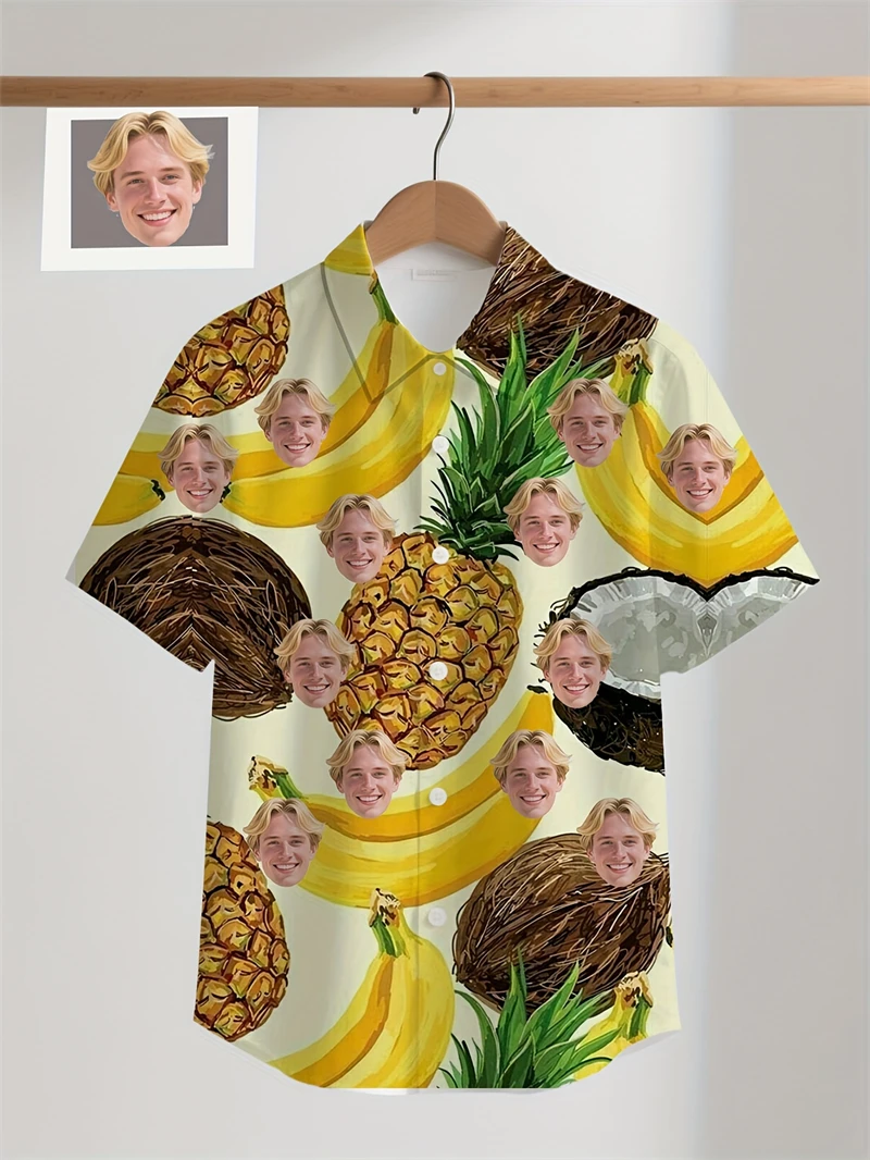 

Custom Face Coconut Hawaiian Man Women Shirts Personalized Photo Tropical Fruit Print Button Down Beach Tops High Quality Shirt