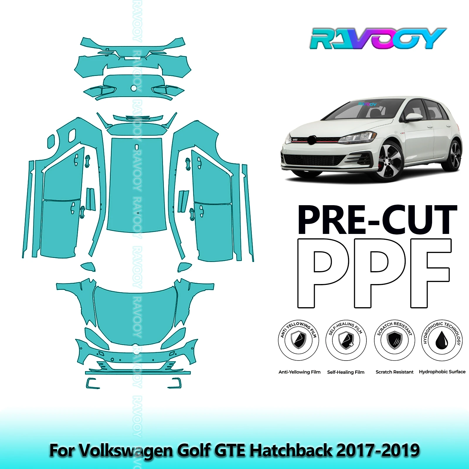 RAVOOY Custom-Fit Precut TPU PPF Full Vehicle Clear Bra Stone Guard EU UK For Volkswagen Golf GTE Hatchback 2017-2019