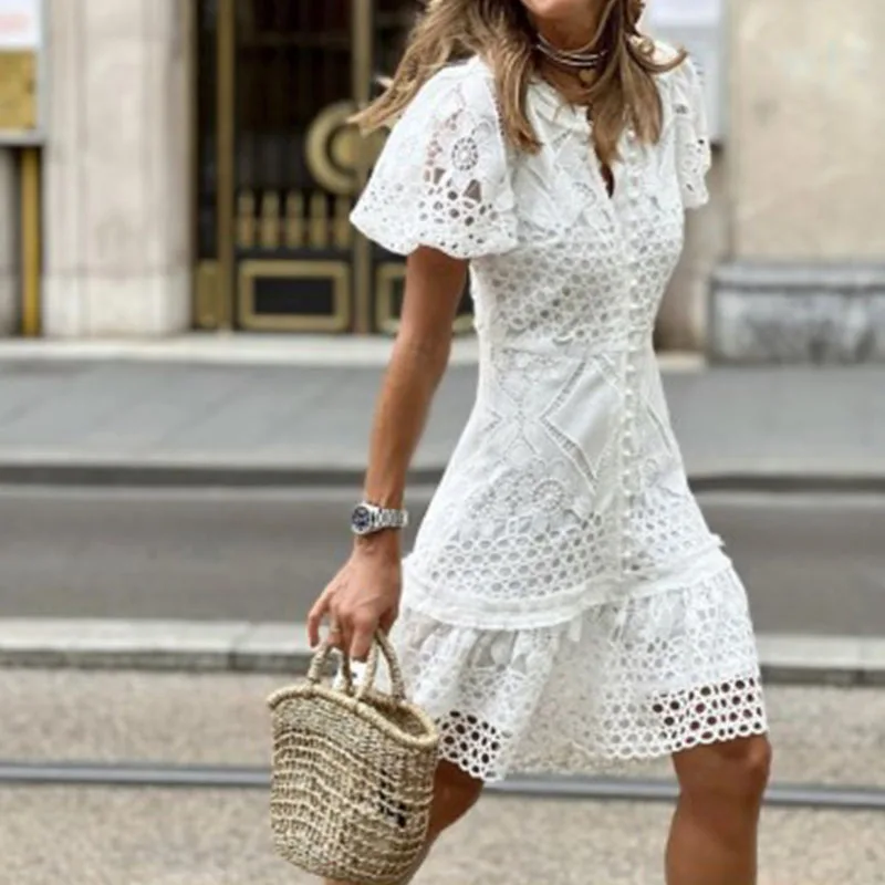 Elegant Puff Sleeve O Neck Button Mini Dress Women Fashion White Lace Patchwork Holiday Dress Office Lady Causal Short Dresses