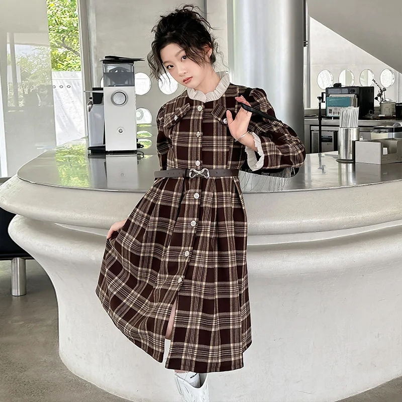 autumn French teen girls plaid Dress belt Lotus leaf collar princess long dresses fashion junior kids clothes 4-14 adolescent