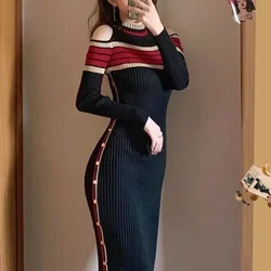 Autumn and Winter Woman Knitted Dress Bodycon Over The Shoulder Crochet Dresses for Women Clothes Elegant Beautiful One Pieces G