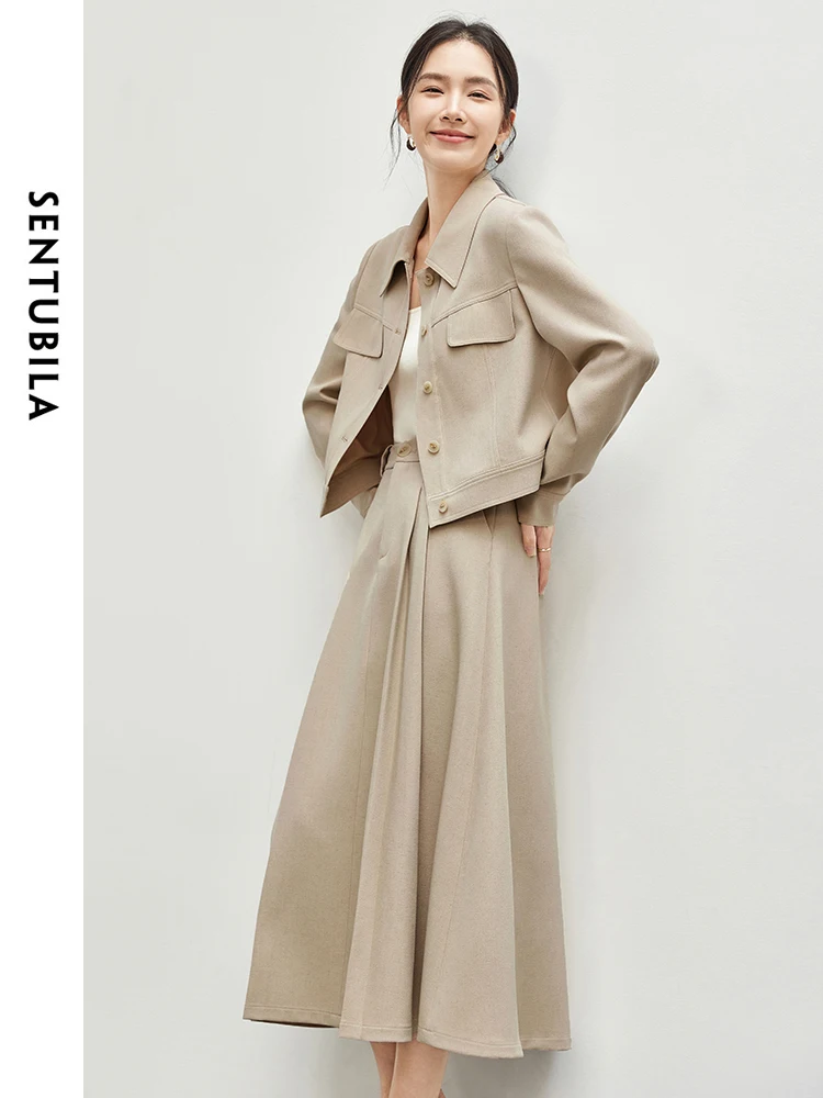 SENTUBILA Women Texture Linen Skirt Set 2024 Autumn Single Breasted Jacket Pleated A Line Skirt 2-częściowy zestaw spódnic 143Z56777