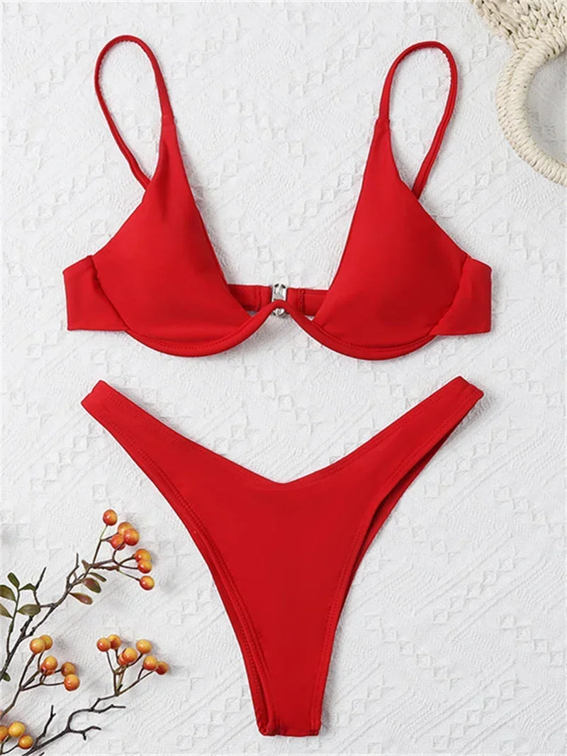 Sexy Underwire Bikini 2024 Mujer Women Solid Red Push Up Bra Thong Swimsuit Haler V Neck Bathing Suit Mini Micro Thong Swimwear