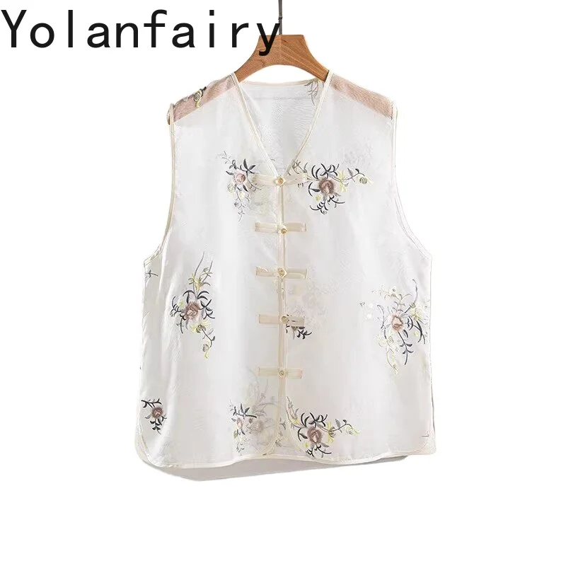 

YOLANFAIRY 100% натуральный шелковый топ из тутового шелкопряда для женщин, лето 2026, жилет из чистого шелкового органзы с вышивкой, безрукавка, кардиган-топ