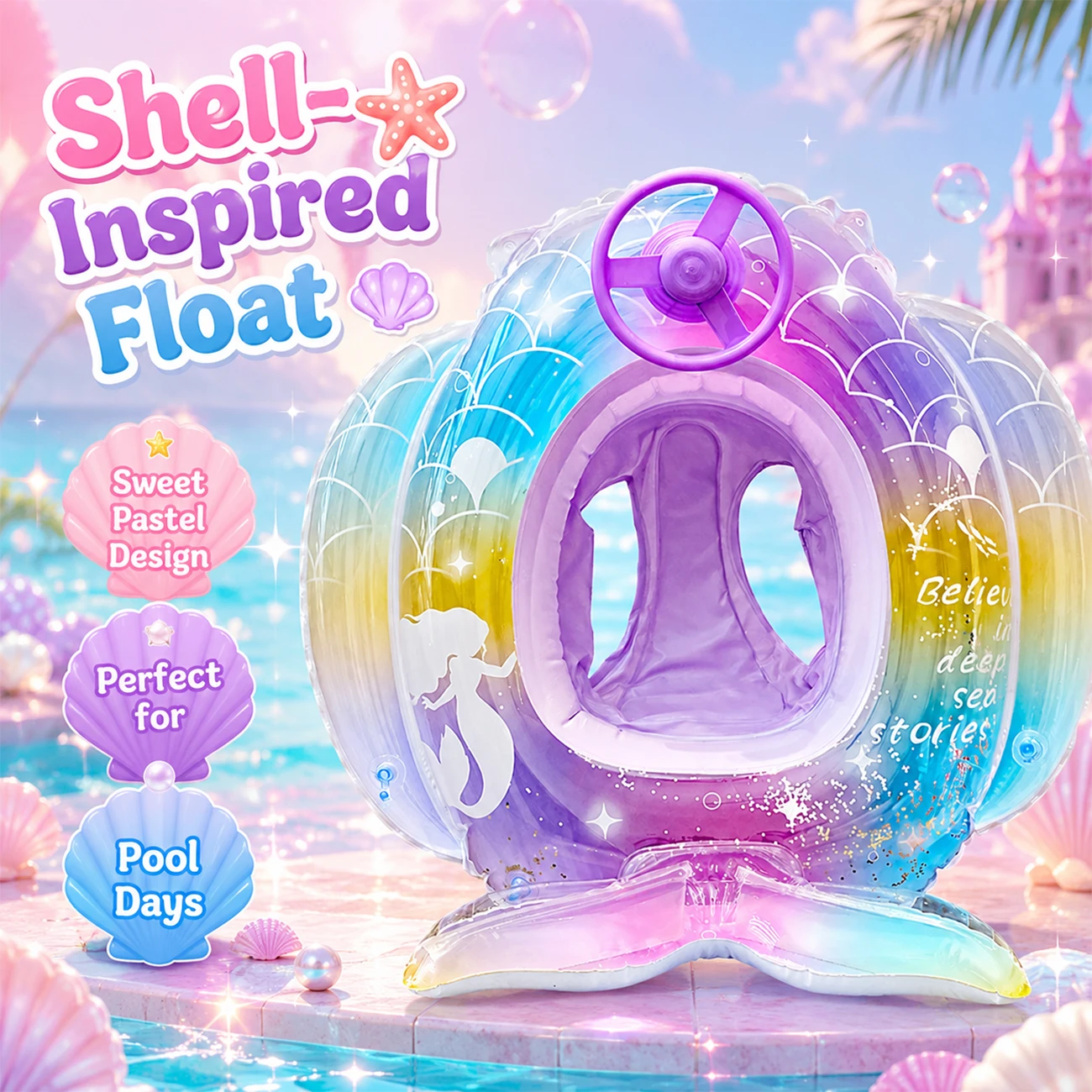 1PC Mermaid Inflatable Swim Ring with Steering Wheel, Rainbow Shell Pool Float Seat, Portable PVC Water Fun