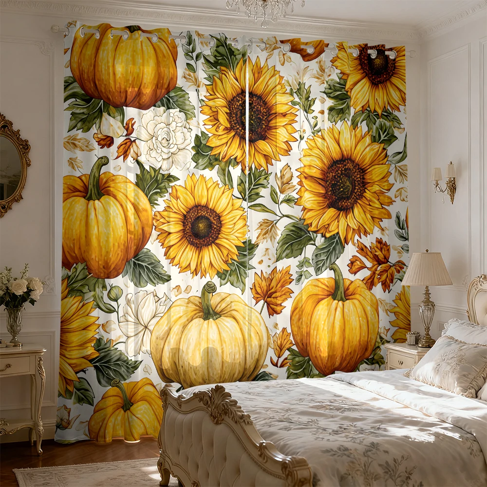 2pcs sunflower, pumpkin, autumn leaf printed blackout curtains for living rooms bedrooms