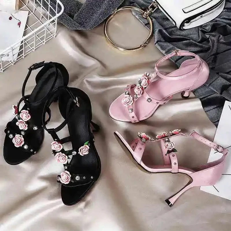 Peep Toe Flowers Diamante T-Strap Stilettos Sandals Woman Summer 2026 Hollow Out High Heels Shoes Fashion Luxury Plus Size