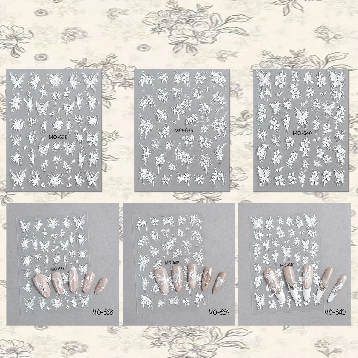 Autocollants pour ongles papillon et fleurs en relief 5D blanc, 3/6 feuilles, autocollants auto-adhésifs Style dentelle féerique pour Nail Art, pour manucure en Gel