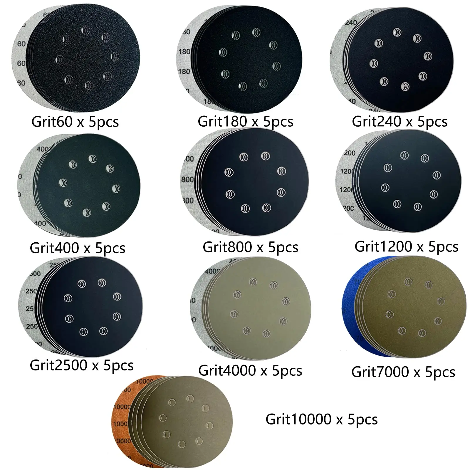 52Pcs Sandpaper 8 Hole 5inch Sanding Discs Hook and Loop 60-10000 Grits with Hand Block for Automotive Metal Polishing