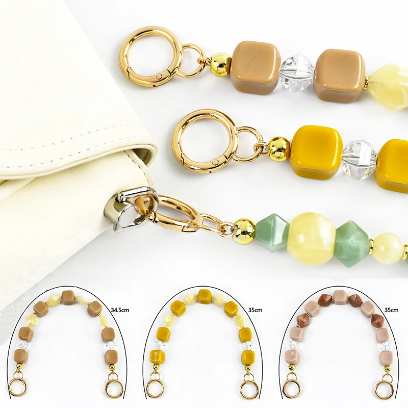

1/2P 35cm Bead Resin Chain for Bag Shoulder Strap Extension Metal O Ring Spring Buckle Women Purse Replace Handle Fixed Fastener