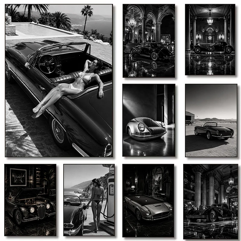 Black and White Vintage Luxury Wall Art: Classic Two-Door Coupe Poster Canvas Print – Ideal for Bedroom Decor