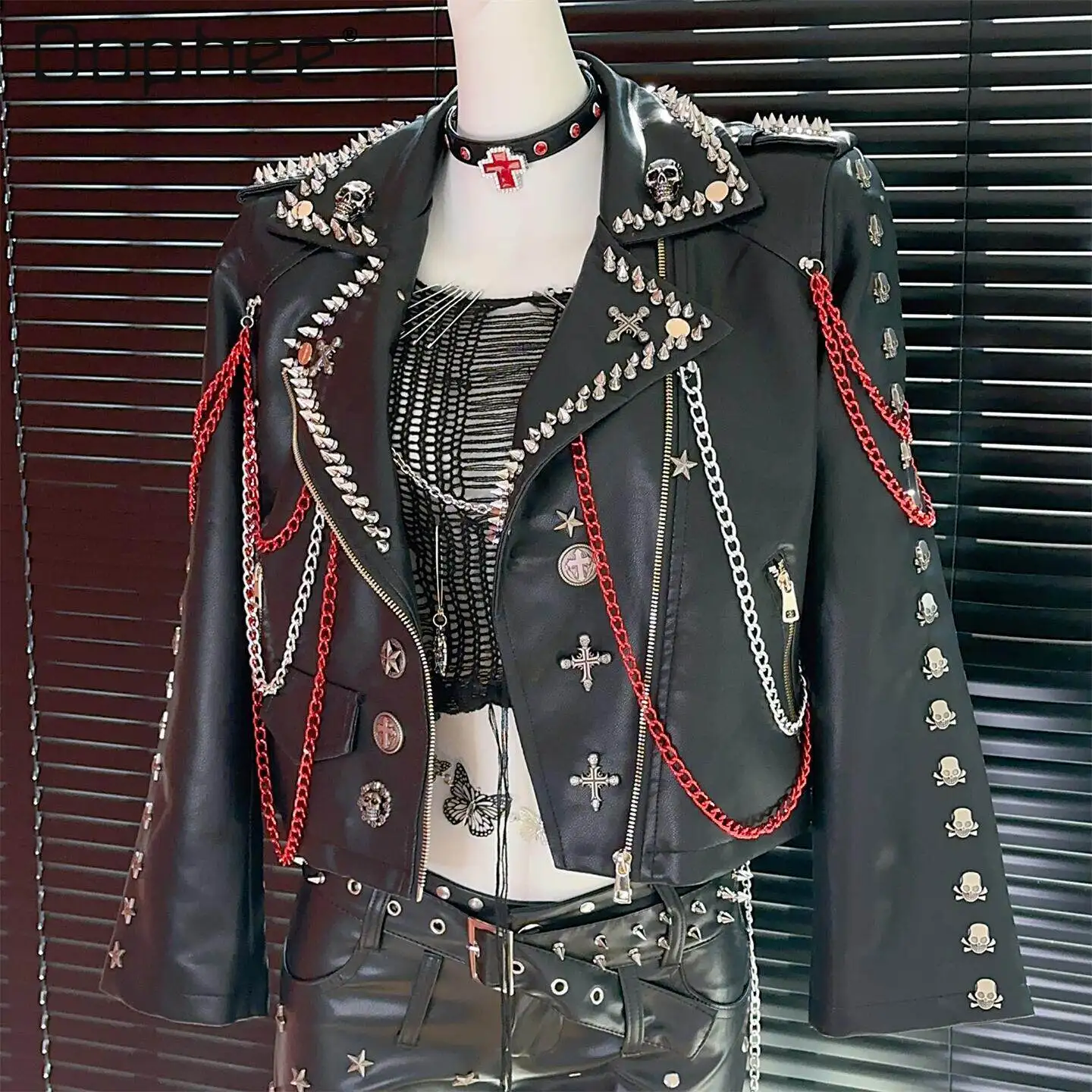 

Y2K Spice Girl Yabi Culture Punk Rock Rivet Chain Lapel PU Leather Jacket Personality Trend Heavy Industry Short Casual Jackets