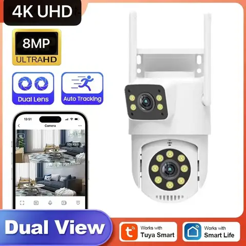 4K 8MP 듀얼 렌즈 PTZ WIFI 카메라 풀 HD 듀얼 스크린 Ai 인간 자동 추적 야외 4MP 보안 비디오 감시 카메라 Tuya