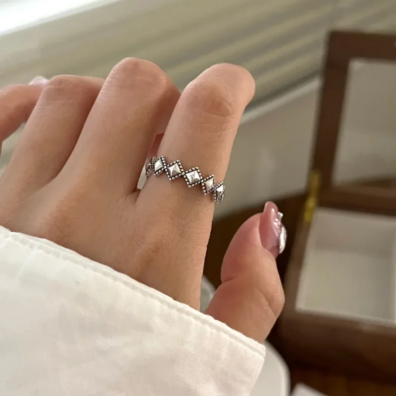 Echtes 925er Sterling silber macht alten geometrischen Rauten öffnung verstellbaren Ring für Frauen edlen Schmuck minimalist ischen Accessoires