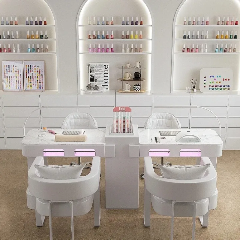 White Nail Manicure Table LED Light Dust Collector Beauty Salon Table Professional Aethetic Furniture
