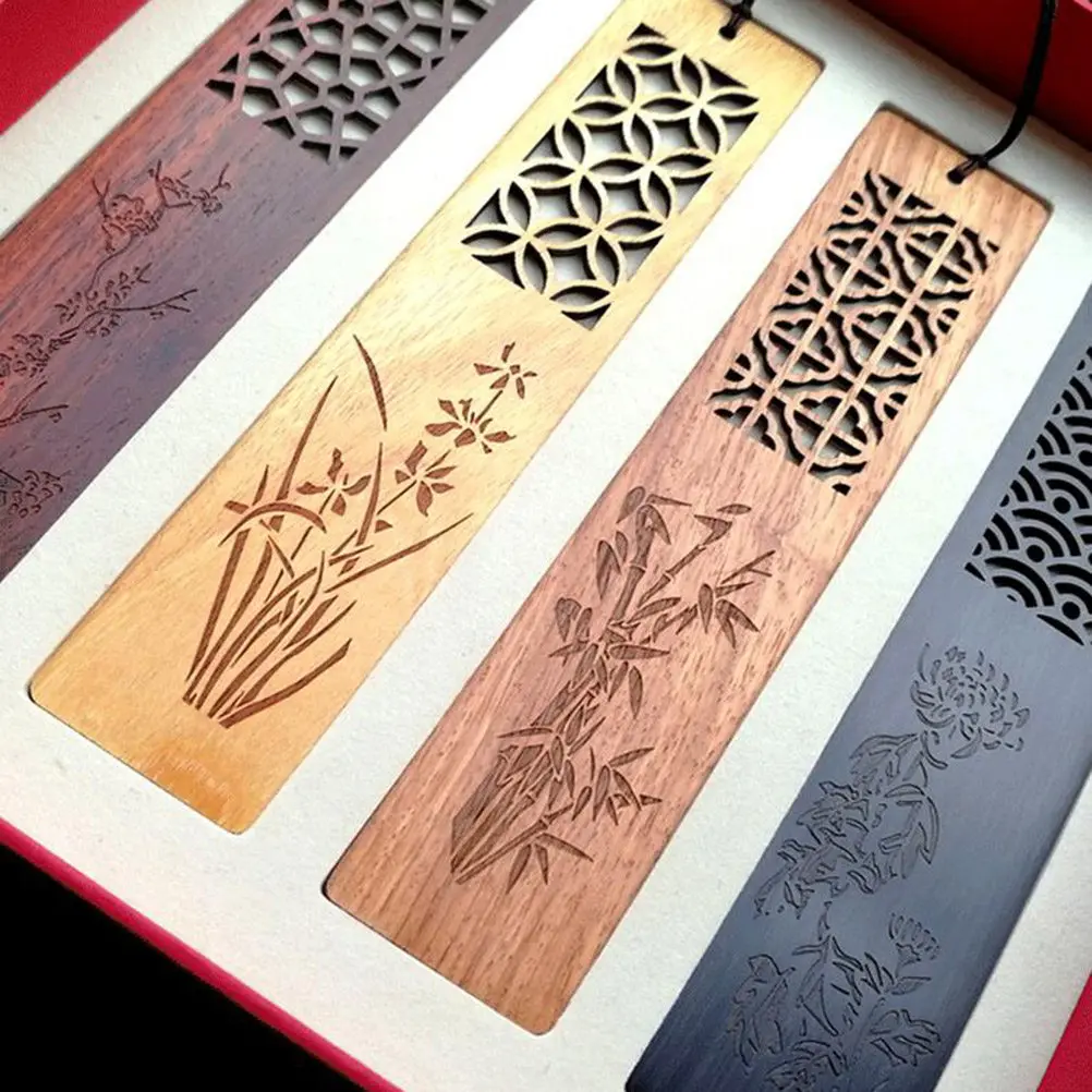 

1Set Premium Rosewood Bookmarks Chinese Style Plum Orchid Bamboo Chrysanthemum Carved Tassel Decor Book Markers for Readers