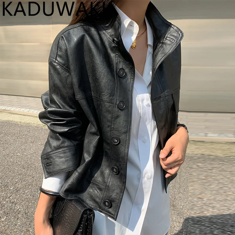 Korean Chic Autumn Simple Motorcycle Leather Coat Stand Collar Long Sleeve Loose Casual Streetwear 2024 LeatherJacket Tops Women