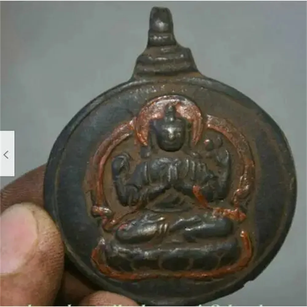 

6CM Old Tibetan Bronze Painting 4 arms Chenrezig Buddha Amulet Pendant