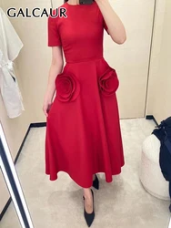 GALCAUR Solid Patchwork Appliques Dresses For Women Round Neck Short Sleeve High Waist Elegant Minimalist Slimming Dress Female