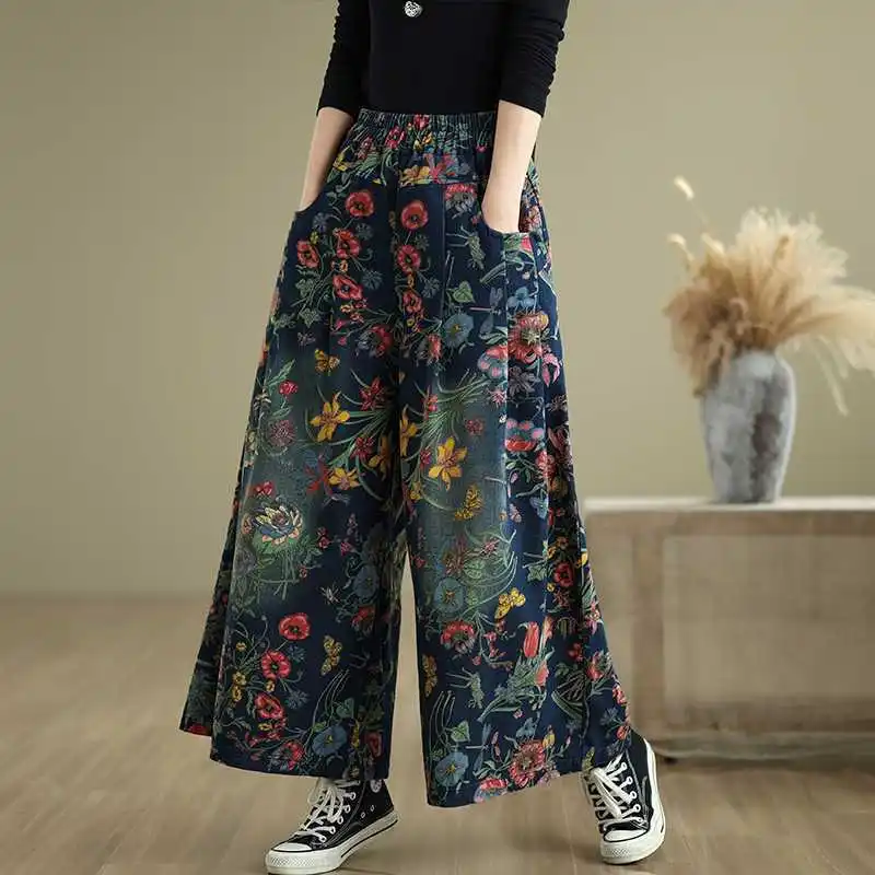 Women Floral Print Wide Leg Pants Elastic High Waist Loose Casual Trousers with Pockets Vintage Bohemian Long Pants for Daily