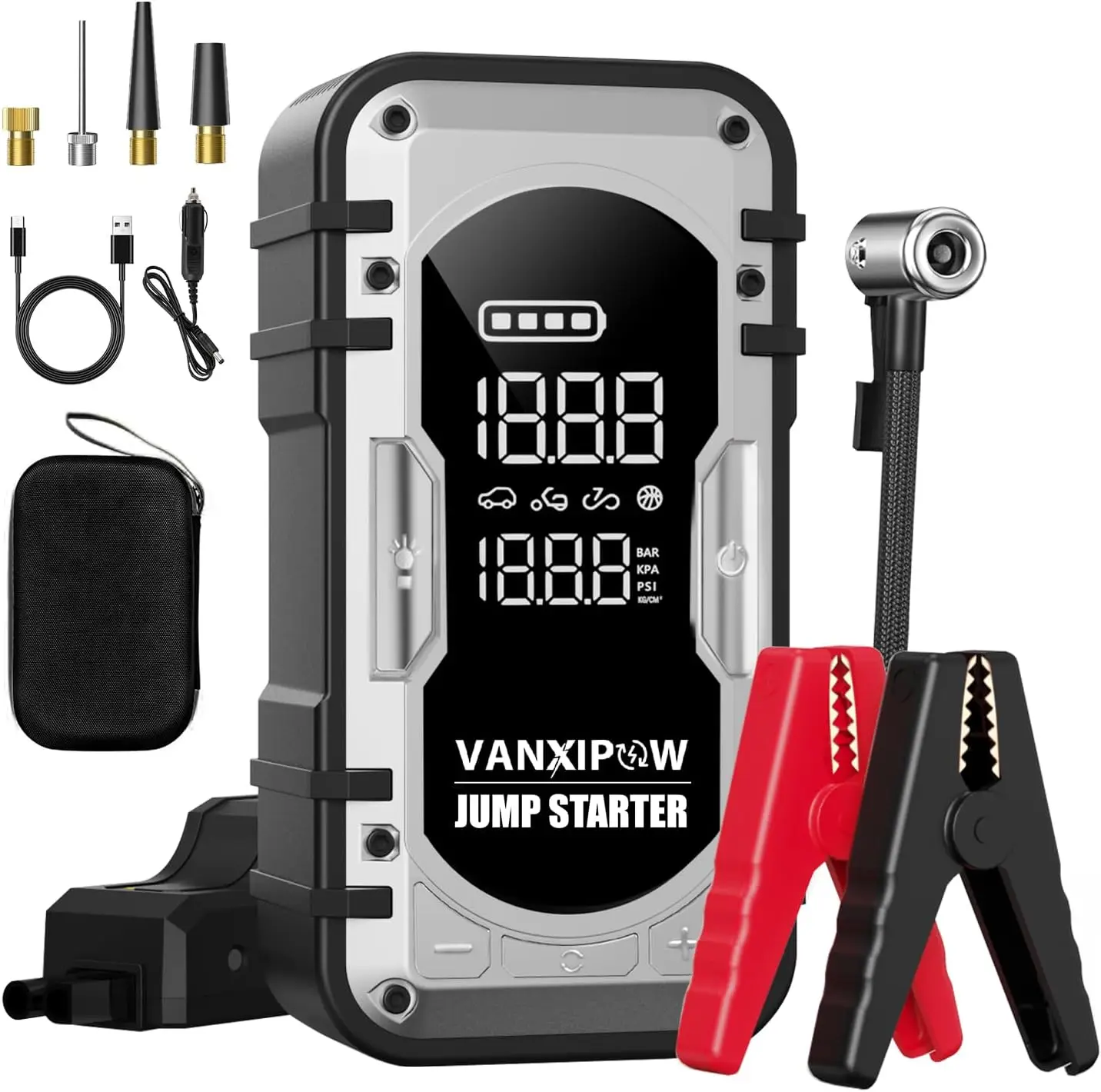 

Portable 12V Car Jump Starter with Air Compressor, 4500A, 150PSI, 600Lm LED Light, Large Display, Power Bank
