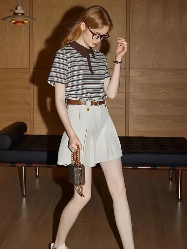 تي شيرت نسائي مخطط من Faionable Summer ort Sve Ne قاعدة irt Chic Retro Color Blo Rouje Sle Commute Simple...