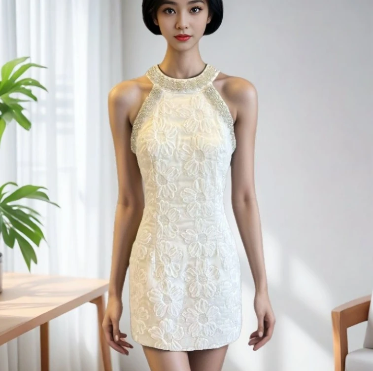 

Luxurious Elegant Heavy-beaded Halter-neck Dress Floral Details Summer Modified Hot Cheongsam Dress Party Dresses White