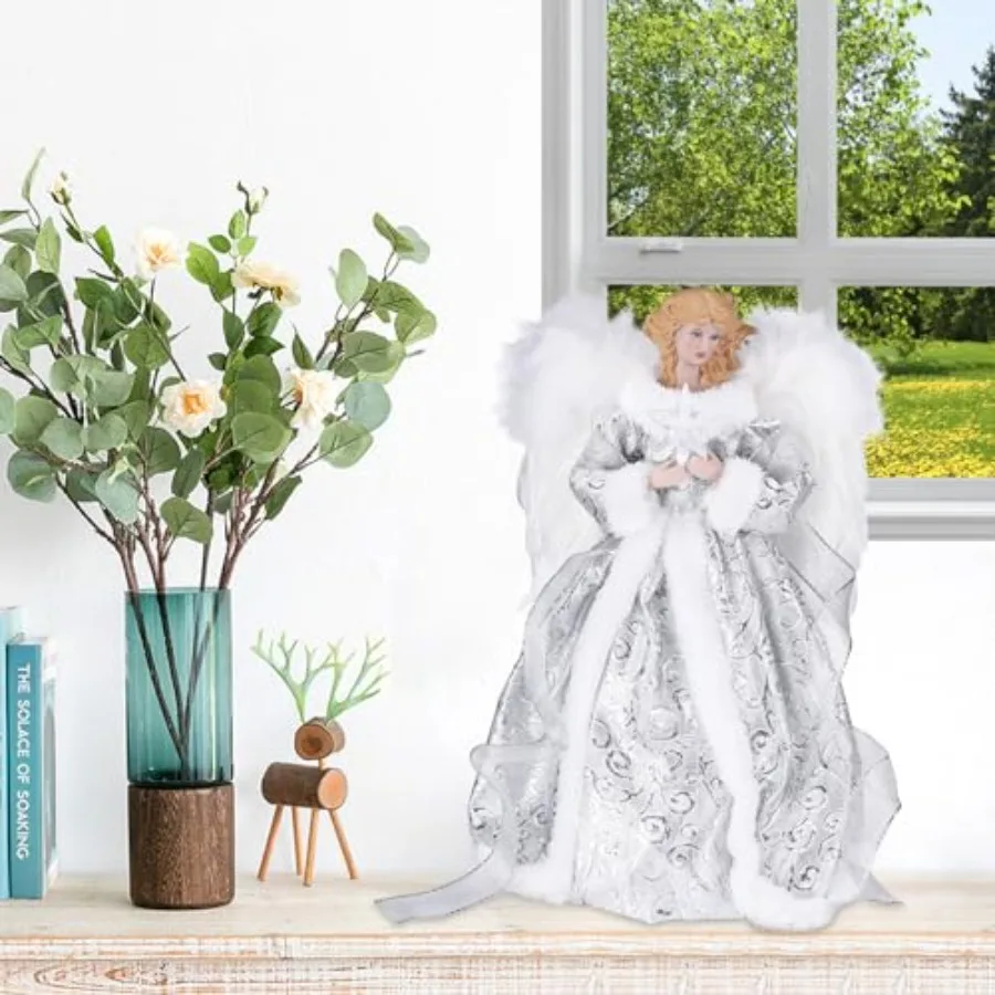 12-calowy aniołek na szczyt choinki z białymi piórami i podświetleniem LED, idealny do dekoracji świątecznych w domu.