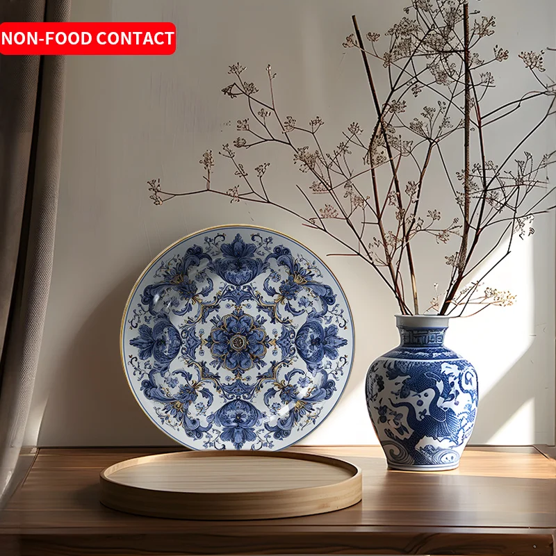 Elegant Blue and White Ceramic Decorative Plate - Vintage Chinese Porcelain Round Wall Art Display Suitable for Home, Weddings,
