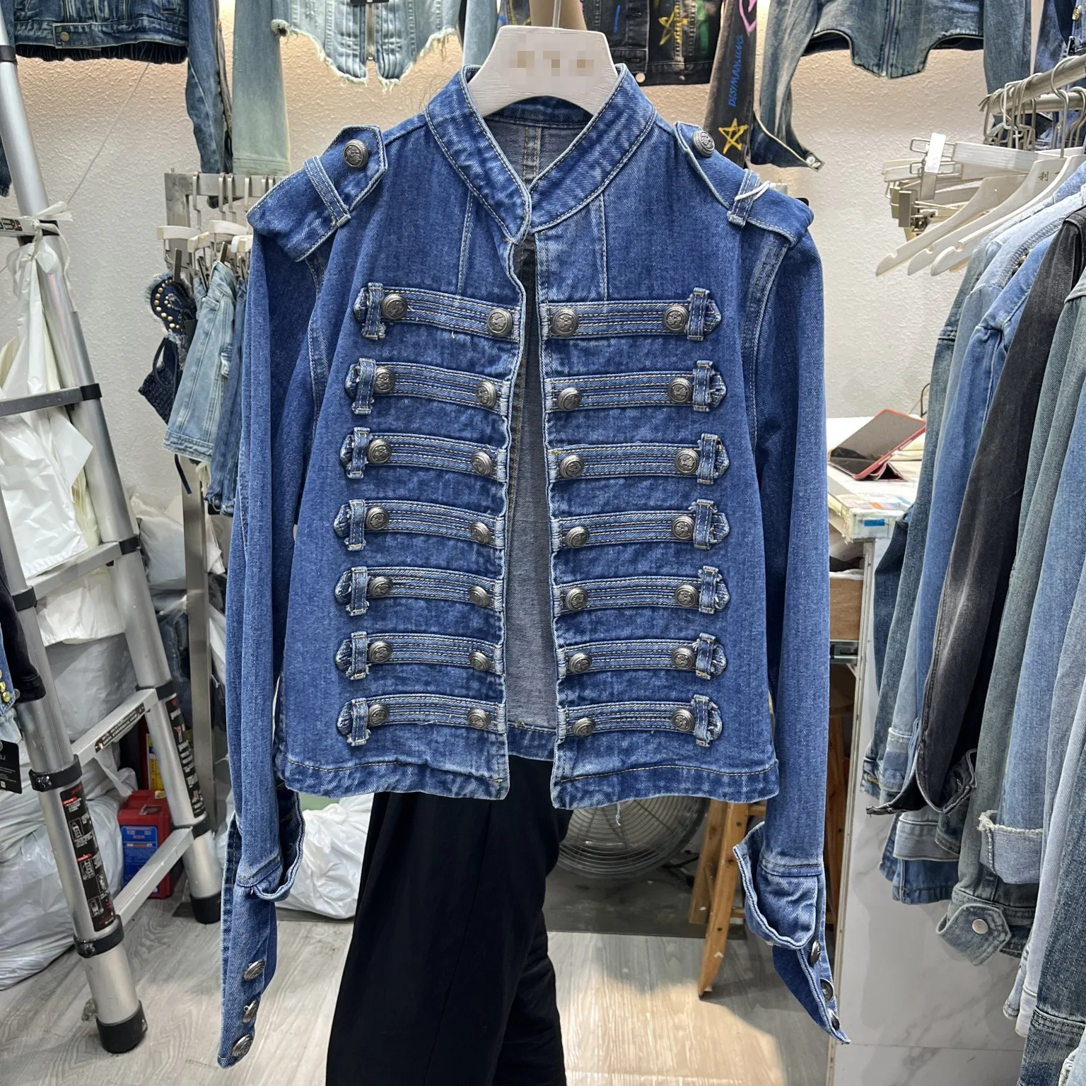 Jean Jacket Women European Retro Court Style Buckle Decoration Long Sleeved Stand Up Collar Denim Short Jacket