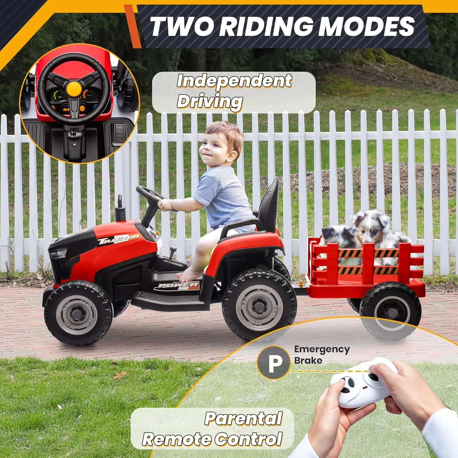 Tractor de paseo de 24 V y 7 Ah con remolque inclinable y desmontable, tractor de vehículos eléctricos para niños con motores de 400 W, asiento ajustable, control remoto C