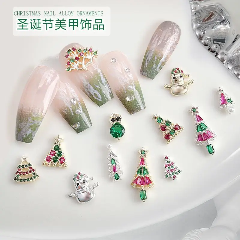 10pcs Colorful Christmas Tree Snowman Zircon Crystals Rhinestones Jewelry Nail Art Decorations Nails Accessories Charms Supplies