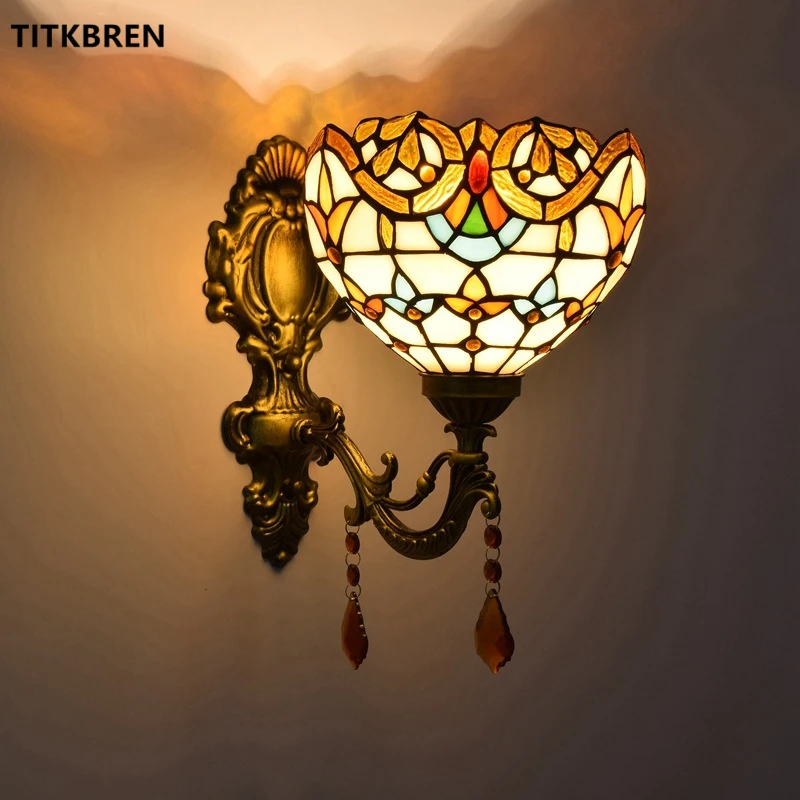 Baroque Art Stained Glass Wall Light Mediterranean Tiffany Crystal Lighting Bedroom Bedside Mirror Front Lamp Bar Church Fixture