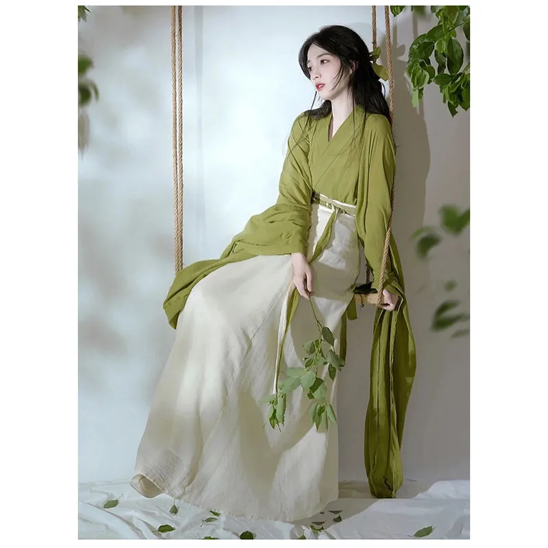 Chinese Traditional Hanfu Green White Costume Ancient Long Dress Women 2024 Spring Modern Improved Cosplay Fashion Fresh Dance