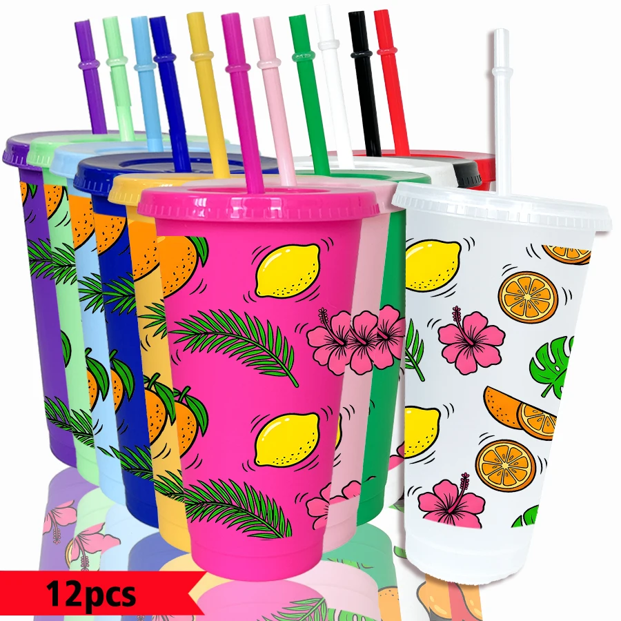 12pcs/pack Fruits Flowers Leaves Patterns 26oz Colored Plastic Party Cold Cups for Back-to-school Birthday Gifts