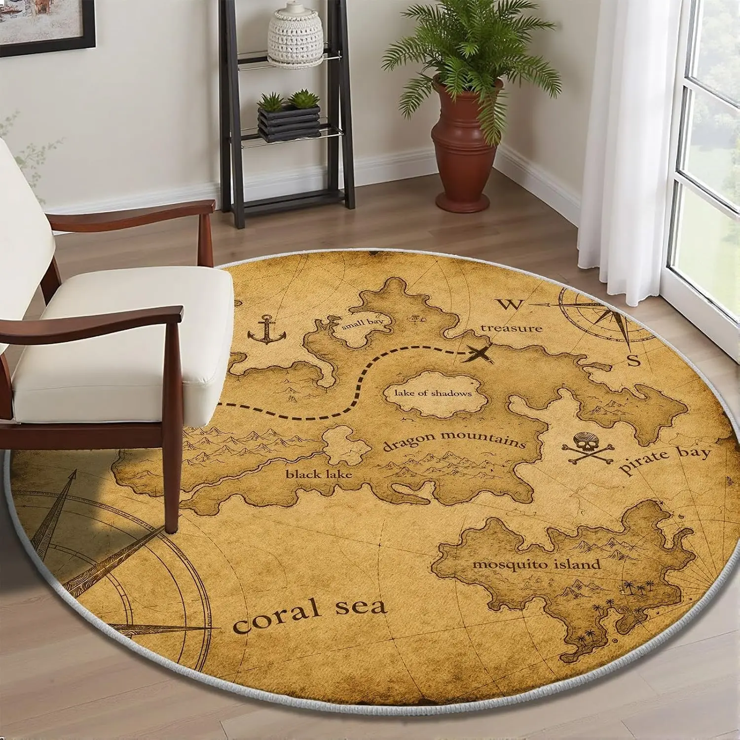 Vintage Pirate Treasure Map Rug Round Floor Mat Nautical Decor Gaming Room Scroll Parchment Art Style Circle Carpet for Home Acc