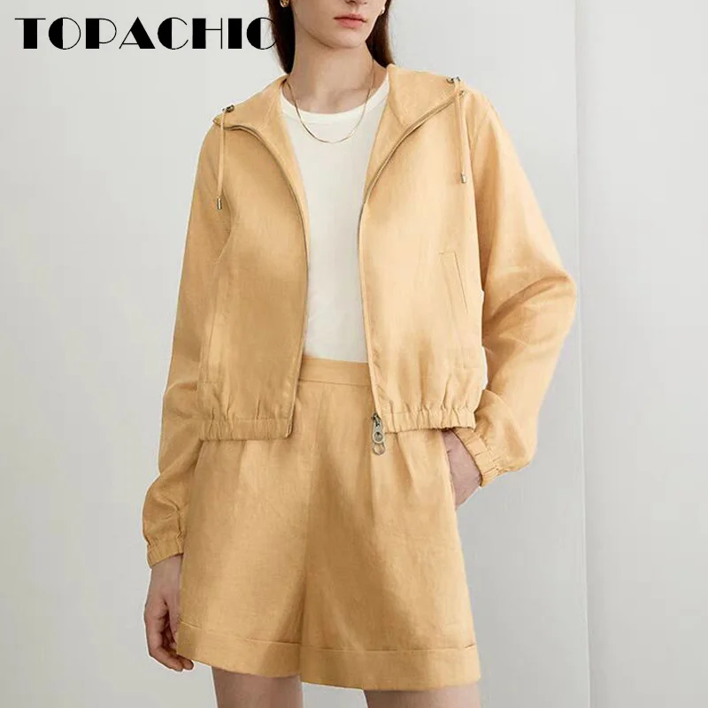 

8.29 TOPACHIC-Women's Adjustable Drawstring Hooded Zipper Jacket Or Side Button Pocket Shorts Linen Casual Comfortable Set