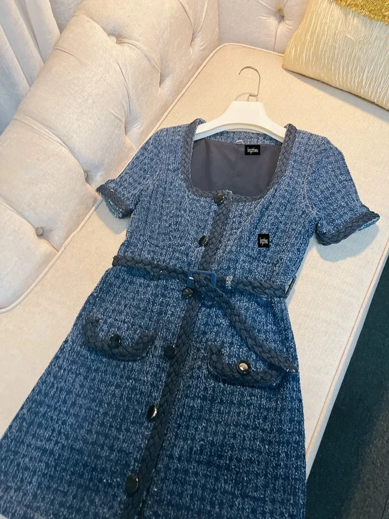 Women Tweed Dress Navy Blue French Design Vintage Square Collar Autumn Elegant Beautiful Denim Blue Ladies Dresses New Arrival