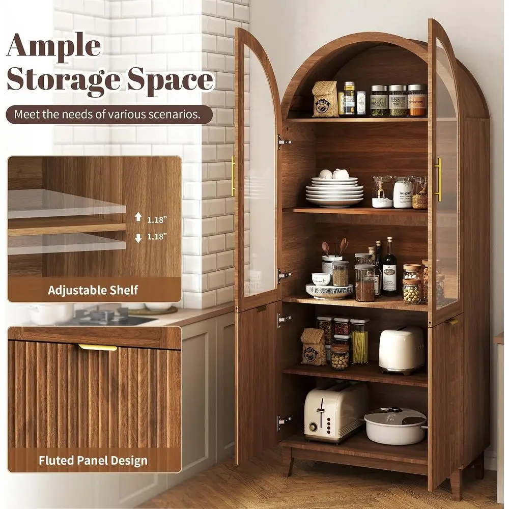 71 Walnut Arched Glass Door Kitchen Pantry Cabinet with Adjustable Shelves for Dining or Living Room view 5