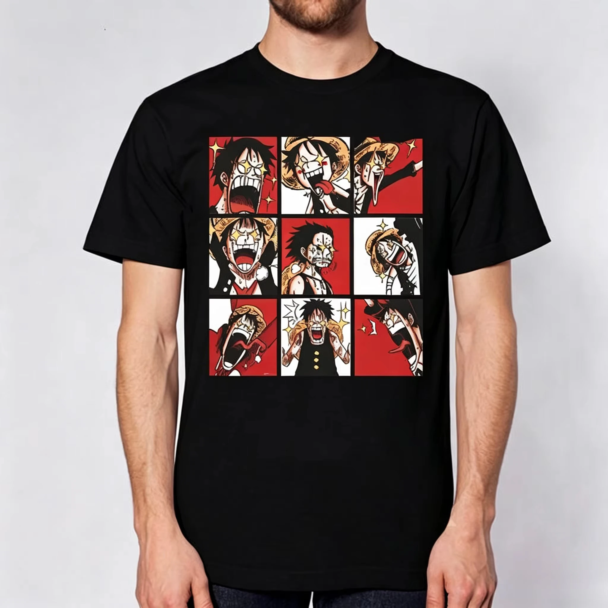 One Piece Red Hair Shanks Ink Sketch T-shirt Men Anime Print Casual Cotton Short Sleeve Street Fashion Oversized Graphic Tees