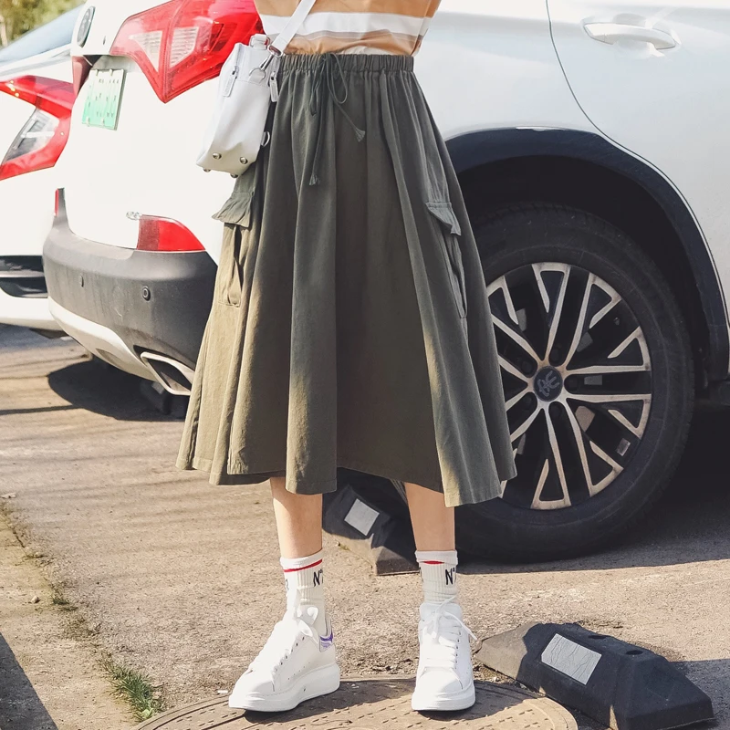 

Retro Army Green Pocket Workwear Skirts Female Student High Waist Loose A-line Half length Skirts For Women Clothing bd802