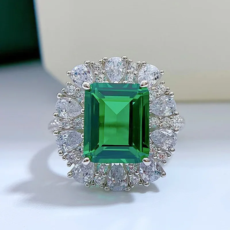 Luxury white gold solid platinum PT950 emerald cut inlay 9*11mm high carbon diamond temperament ring