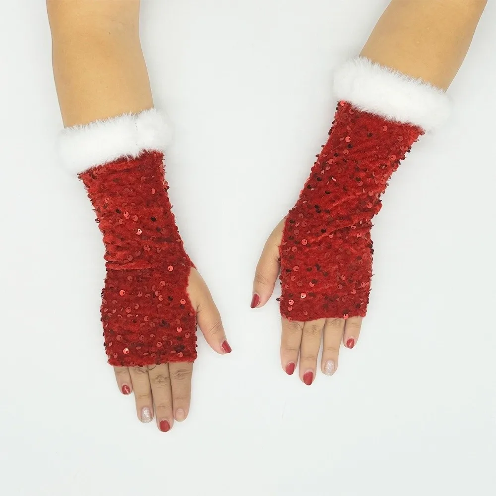 Red Christmas Glove with Shiny Sequin Holiday Decoration Exposed Finger Glove Fuzzy Hook Finger Clothing Performance Glove