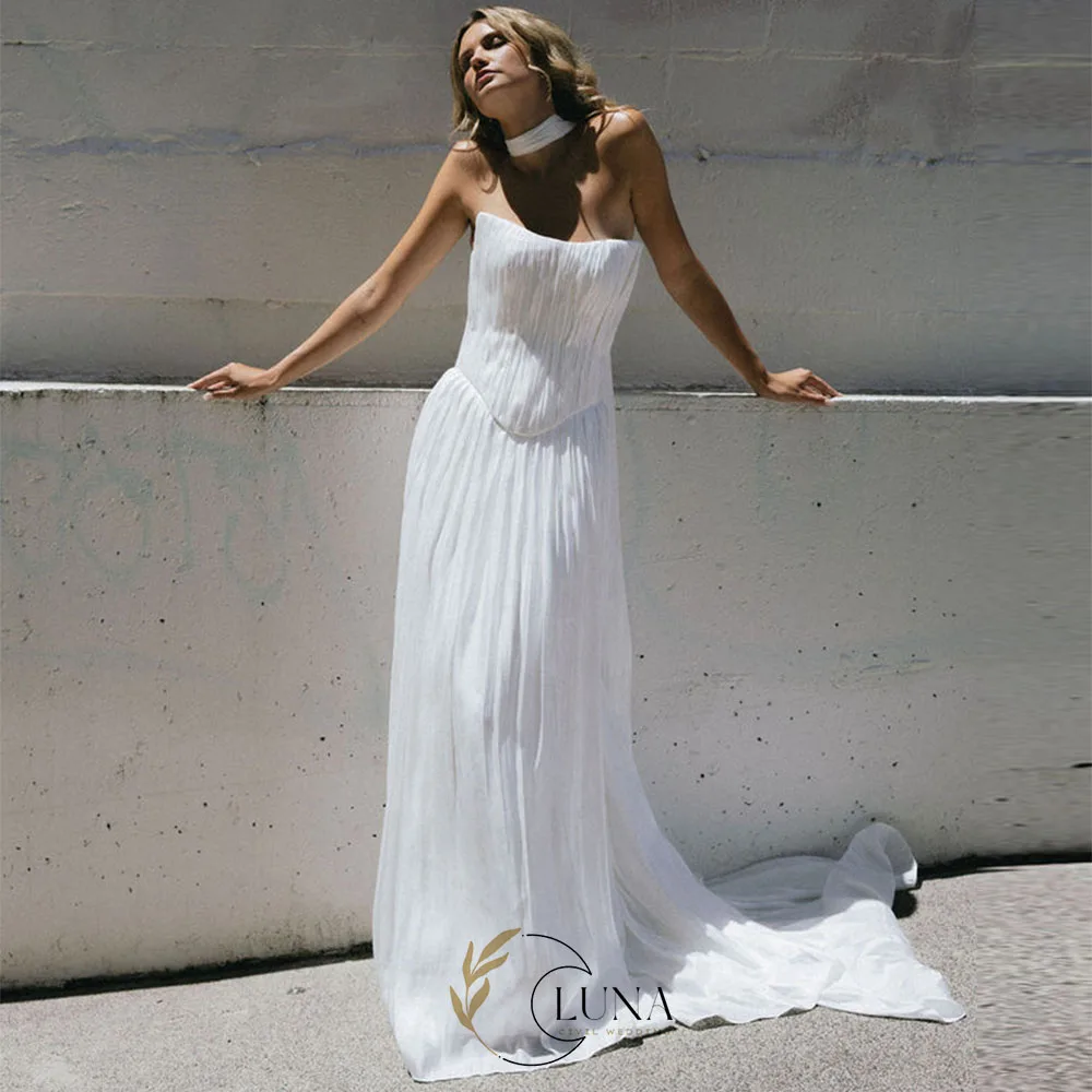 Luna Modern Wedding Dresses Pleated Satin Bridal Gown Corset Back A Line Floor-Length Bridal Party Dress wirh Scraf