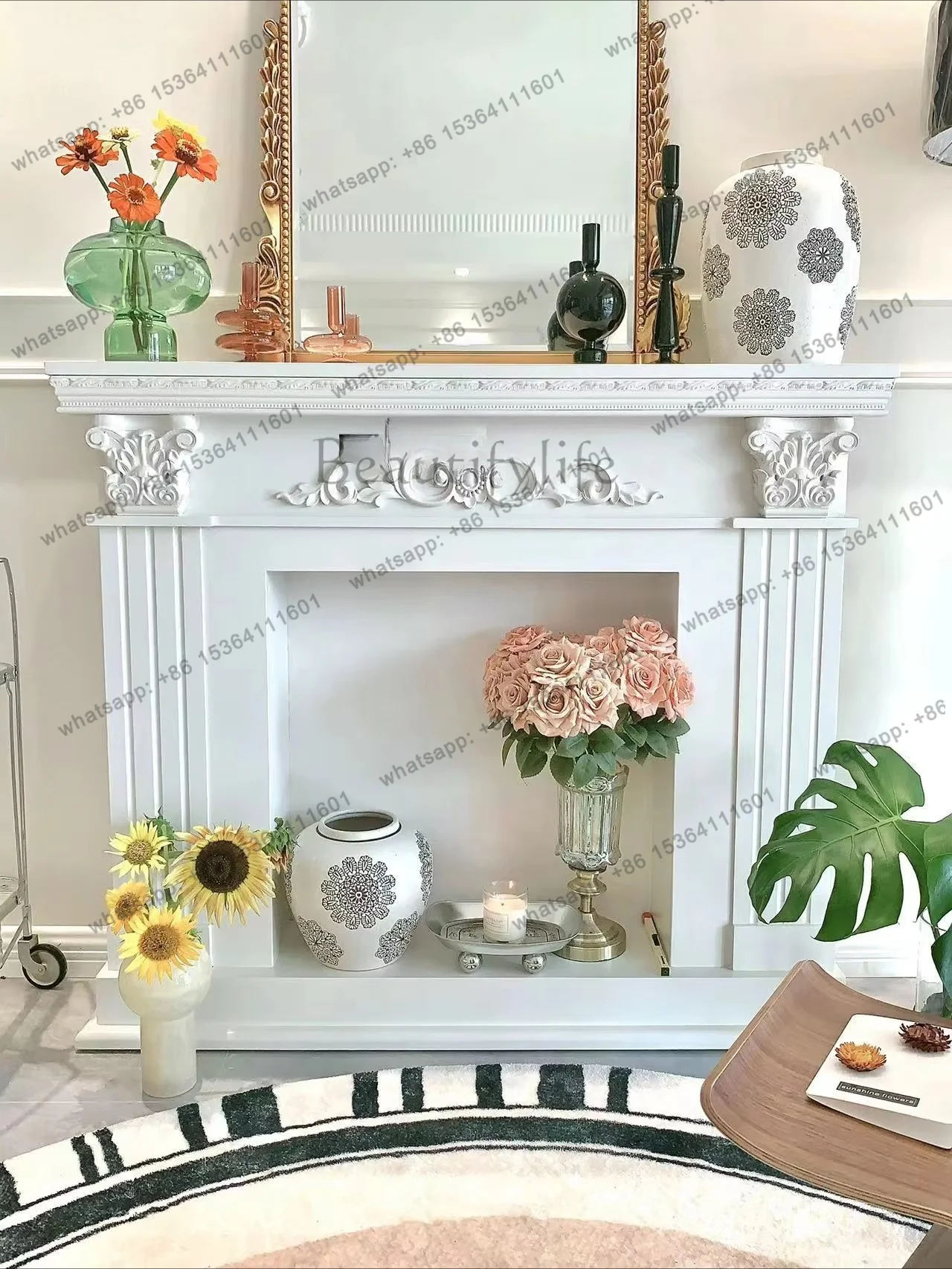PG M3-20  Carved Fireplace Curio Cabinet Wall Entrance Shelf Vintage Distressed Storage Photography Props