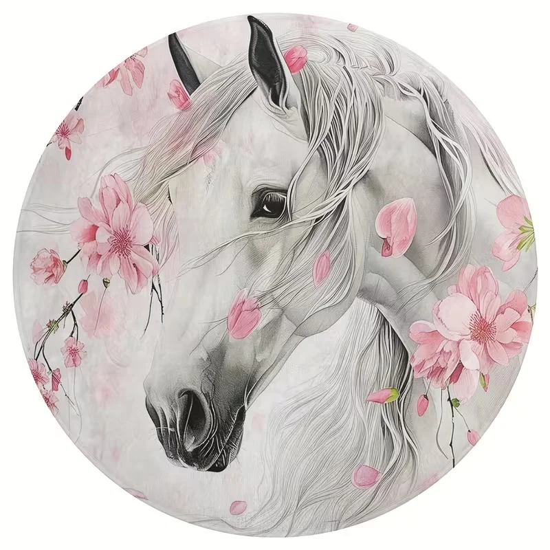 Round Vintage Black Horse Portrait Area Rug Elegant Decorative Steed Pattern Carpet For Living Room Bedroom