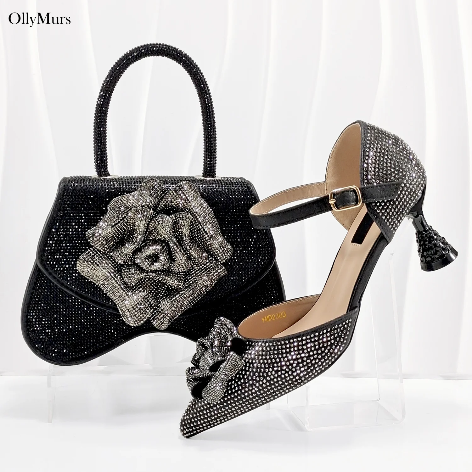 Nigerian Rhinestone Woman Shoes And Bag Set Italian Fashion High Heels Shoes And Bag Set For Wedding Dress Large Size 38-43