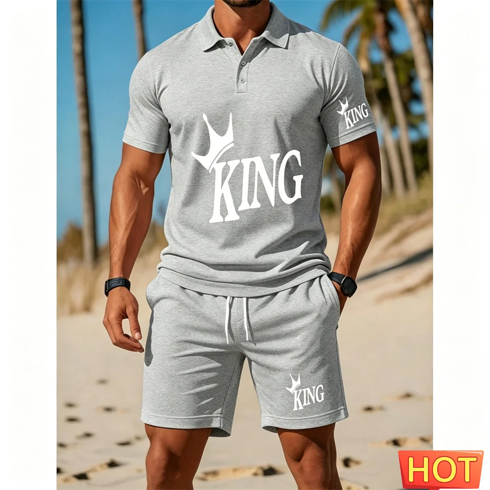 Men's short-sleeved suit set - two-piece set Fashion letter KING Vacation Men's Polo Set Men's casual two-piece set Men clothing
