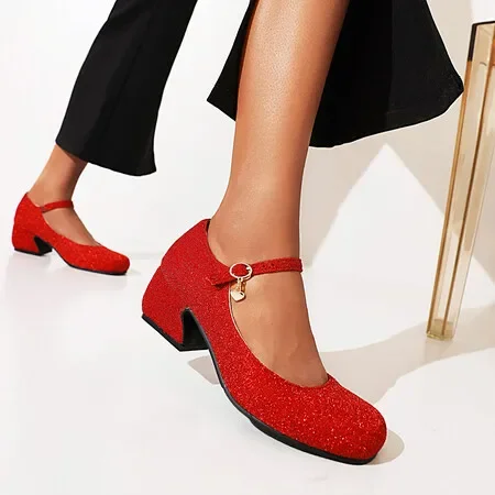 

Retro Mary Jane Shoes Women's Spring and Autumn New Square Headed Thick Heel Single Shoes Flat Button Strap Shallow Heel Shoes