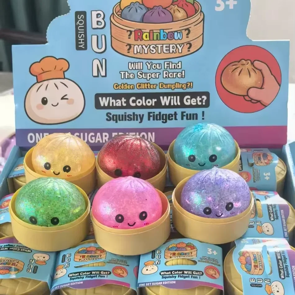 Cute Simulation Dumpling Squishy Rebound Soft Squeeze Stress Ball With Bamboo Steamer Box Anti-Stress Toy Sensory Creative Gift
